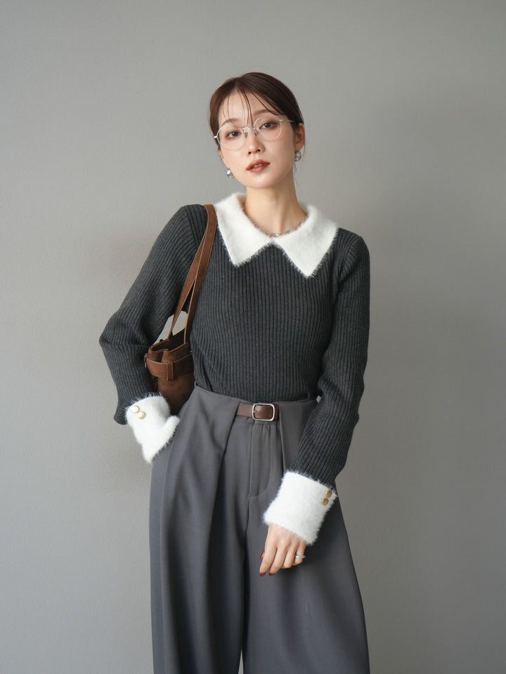 [SET]シャギー襟リブニットトップス+ベルトループデザインワイドパンツ(2set)