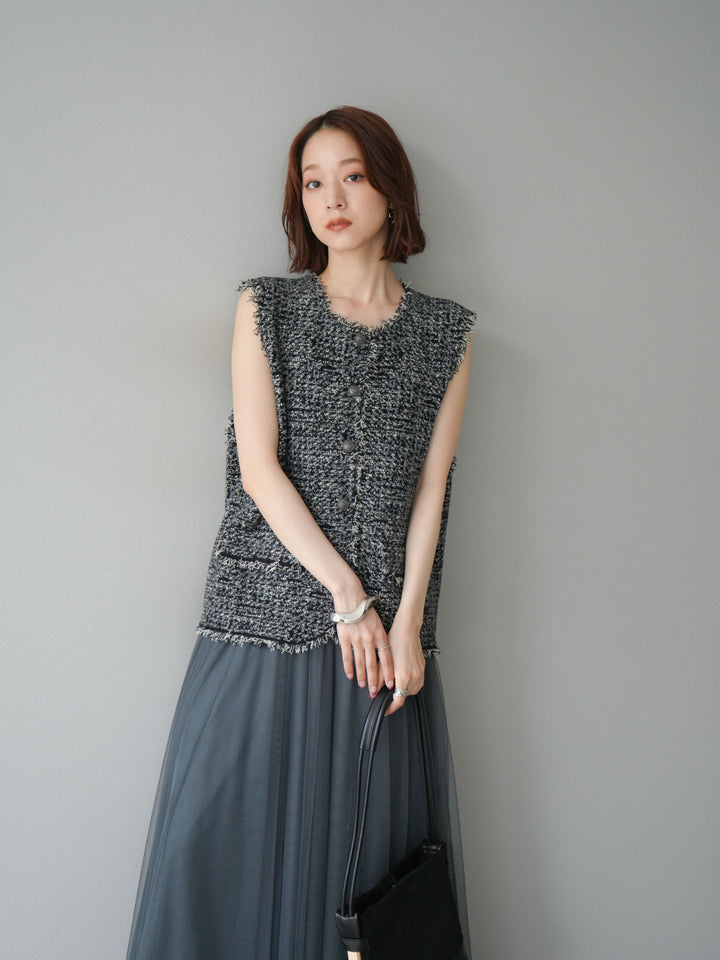 [予約]ミックスツイードフリンジニットベスト/ブラック