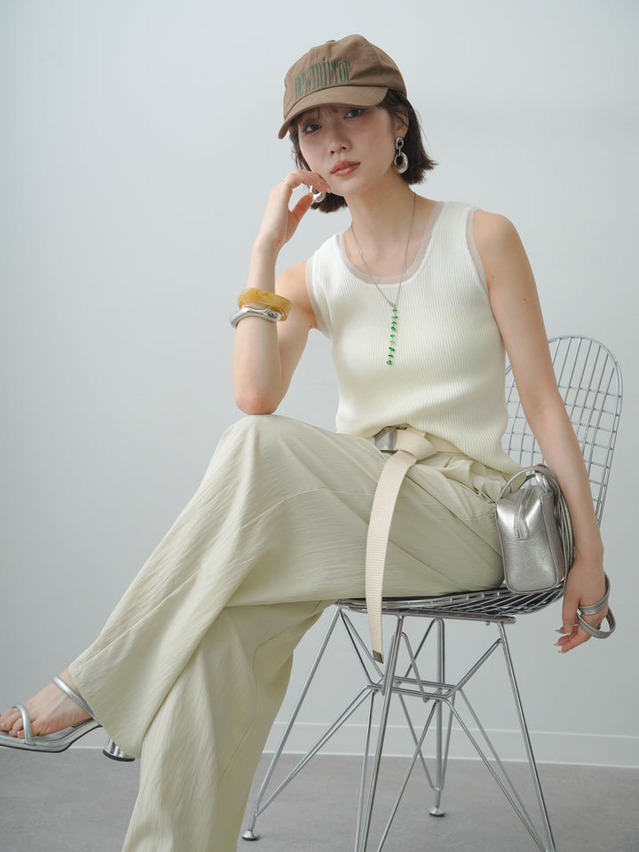 [SET]チュールトリムリブニットタンクトップ+リネンライク2タックワイドパンツ(2set)