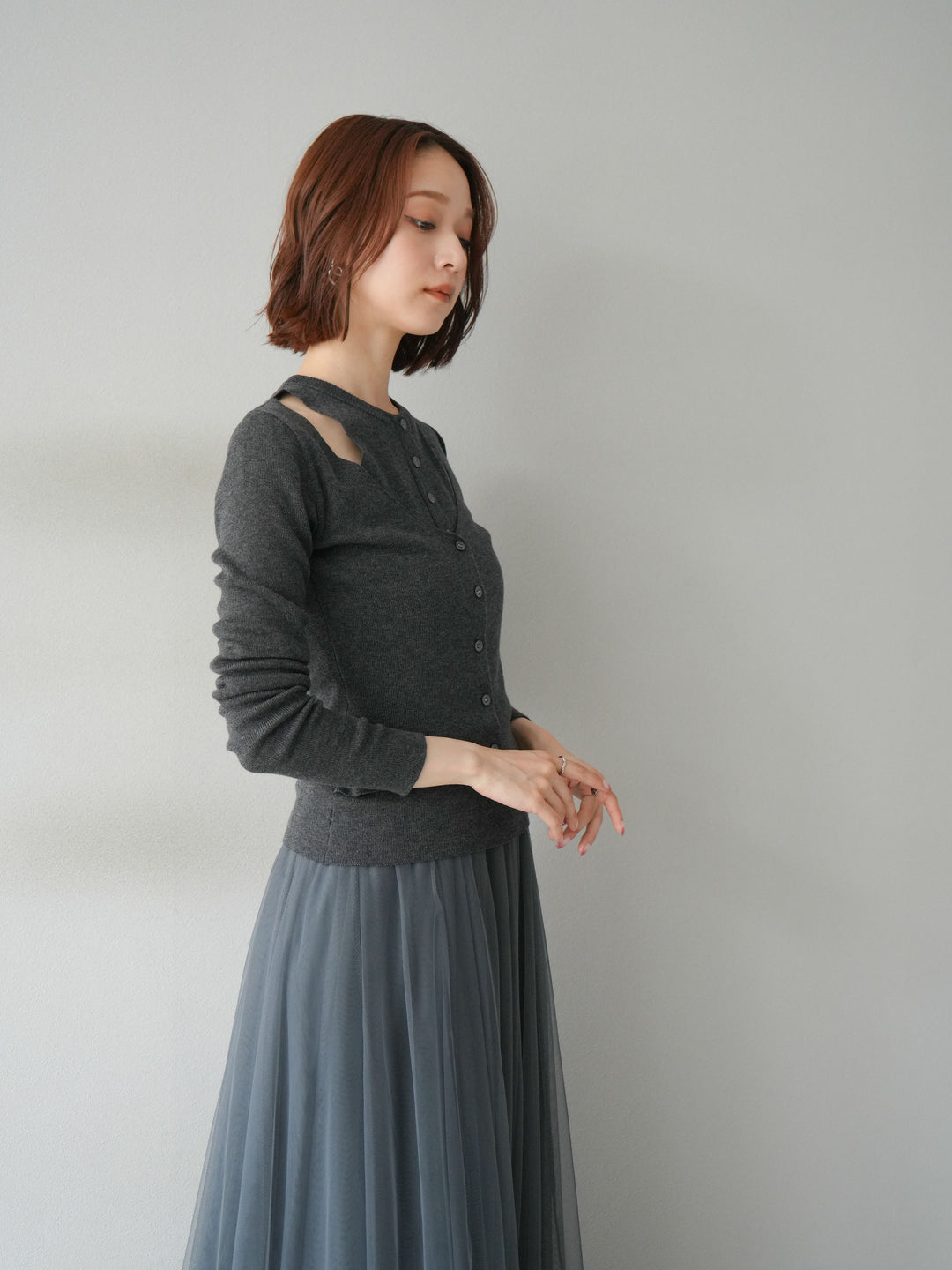 [予約]レイヤードデザインニットカーディガン/チャコール