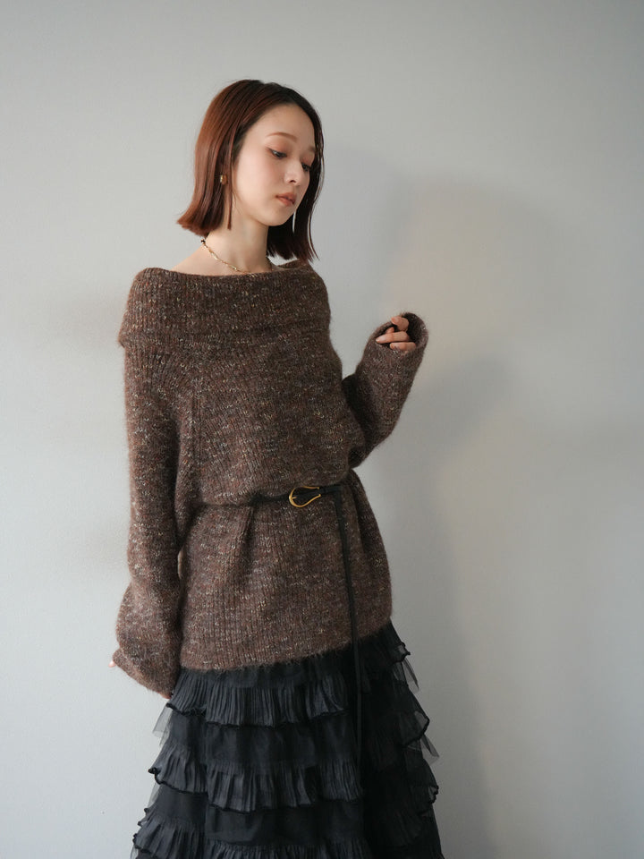 [予約]ミックスヤーンオフショルルーズニットプルオーバー/ブラウン