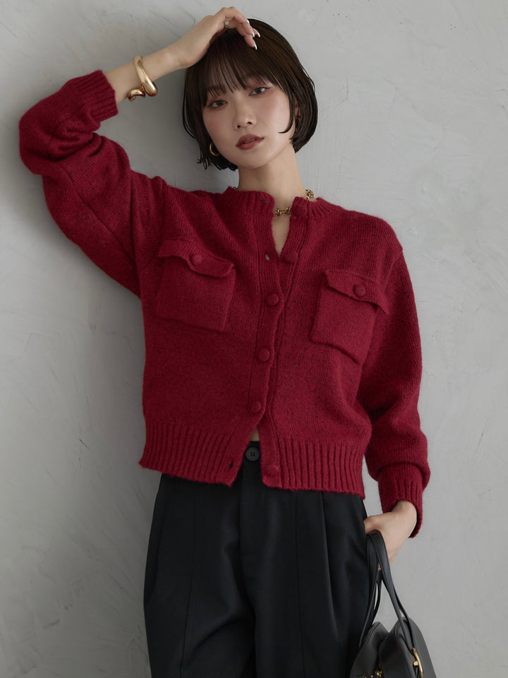 【預購】混紡馬海毛口袋開襟衫 / 紅色