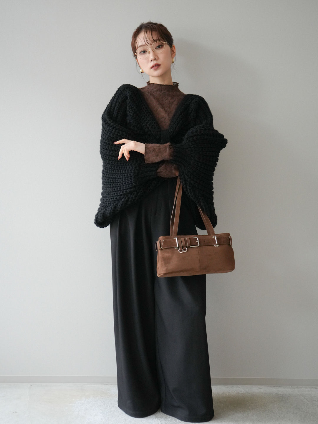 [SET]ローゲージ畦編みドルマンニットボレロ+起毛レースプチネックトップス+ベルトループデザインワイドパンツM(3set)