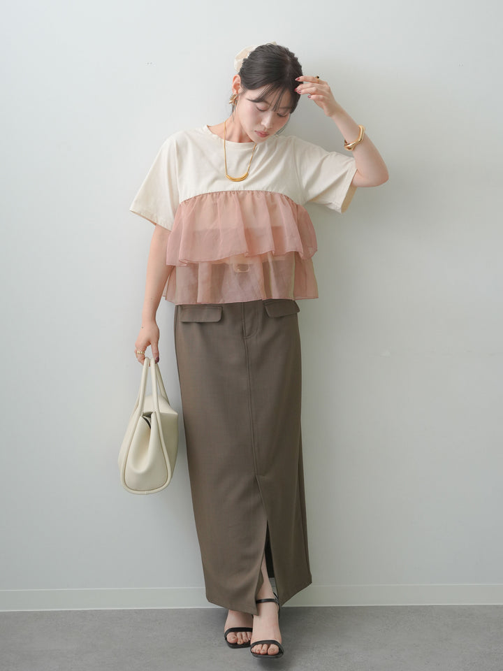 [SET]オーガンジーフリルドッキングTEE+クレープデシンフラップ付きストレートスカート(2set)
