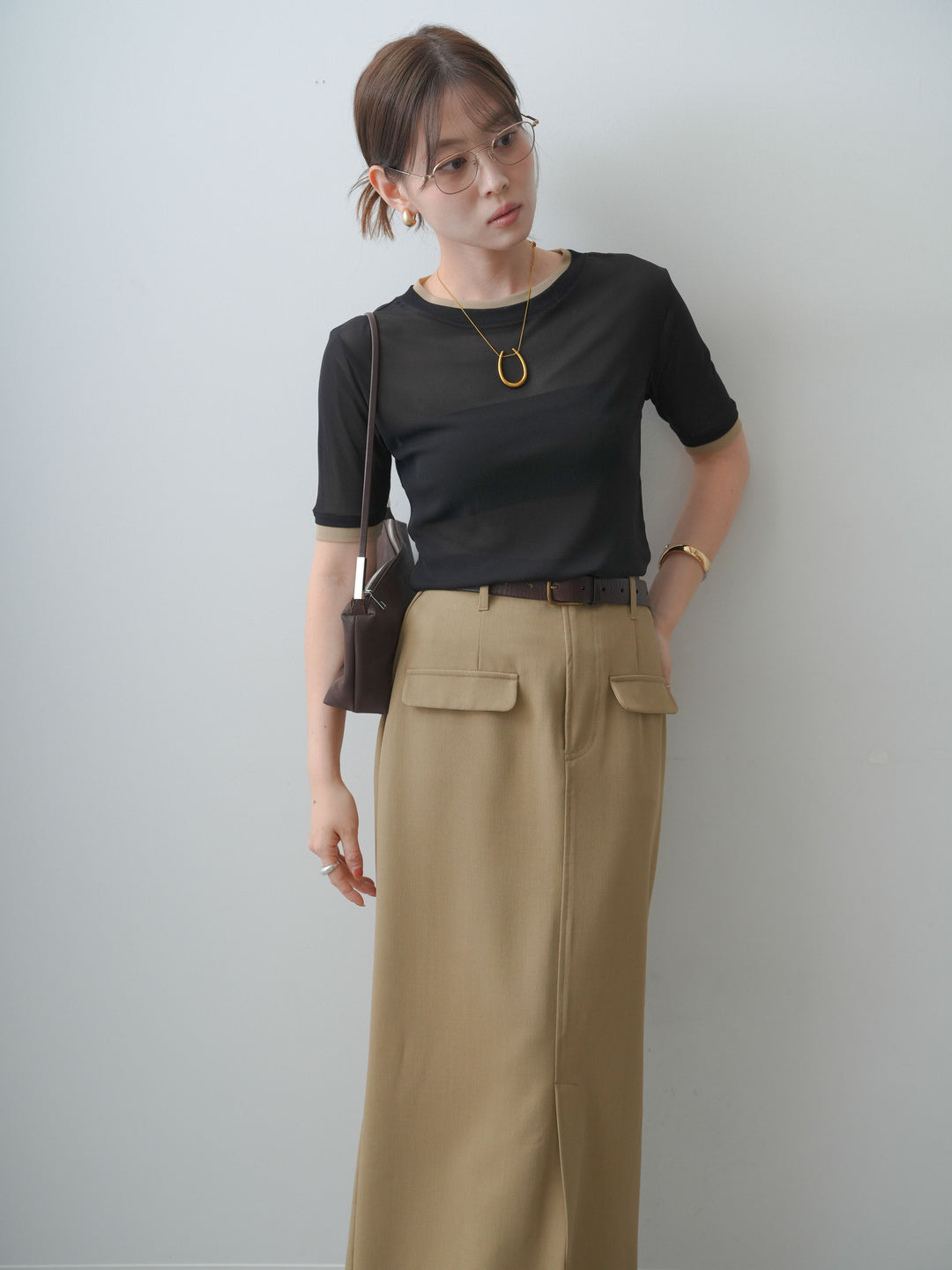 [SET]トリムレイヤードシアー半袖トップス+クレープデシンフラップ付きストレートスカート(2set)