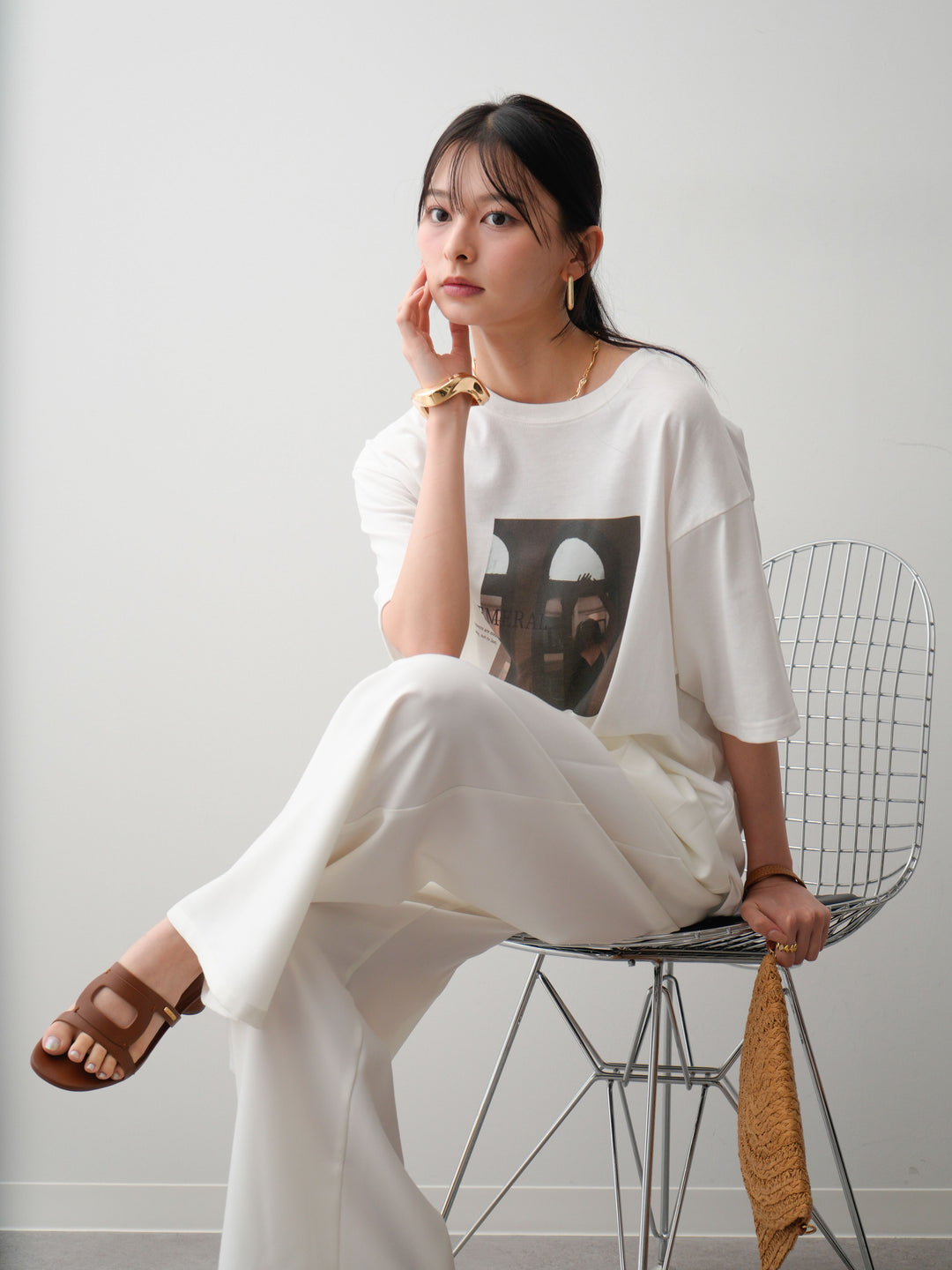 [SET]フォトプリントロゴTEE+アシンメトリーベルトタックワイドパンツ(2set)