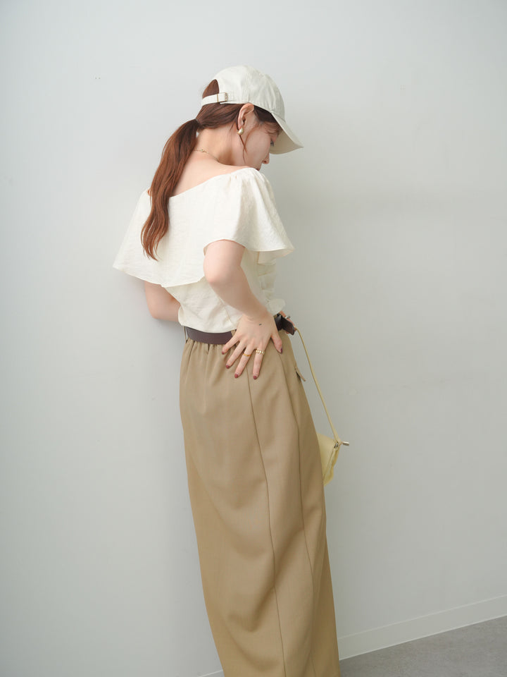 [SET]ラッフルオフショルブラウス+クレープデシンフラップ付きストレートスカート(2set)