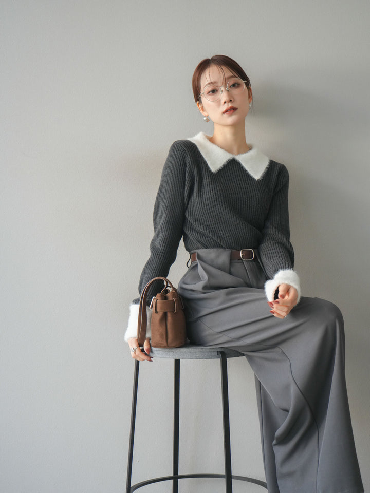 [SET]シャギー襟リブニットトップス+ベルトループデザインワイドパンツ(2set)