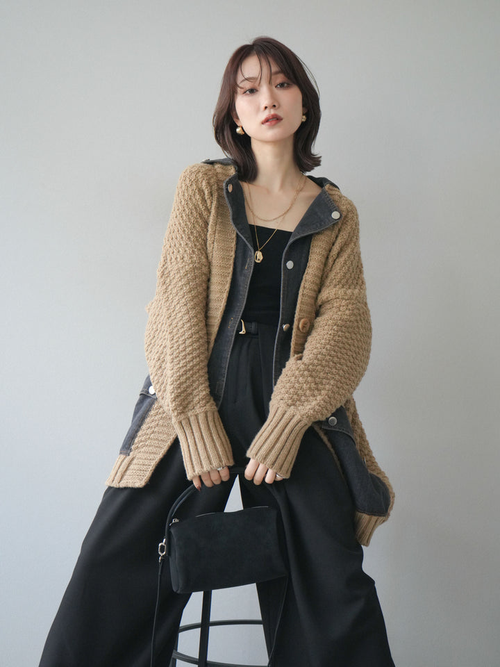 [SET]デニム襟レイヤードニットジャケット+デニム襟レイヤードニットジャケット(2set)