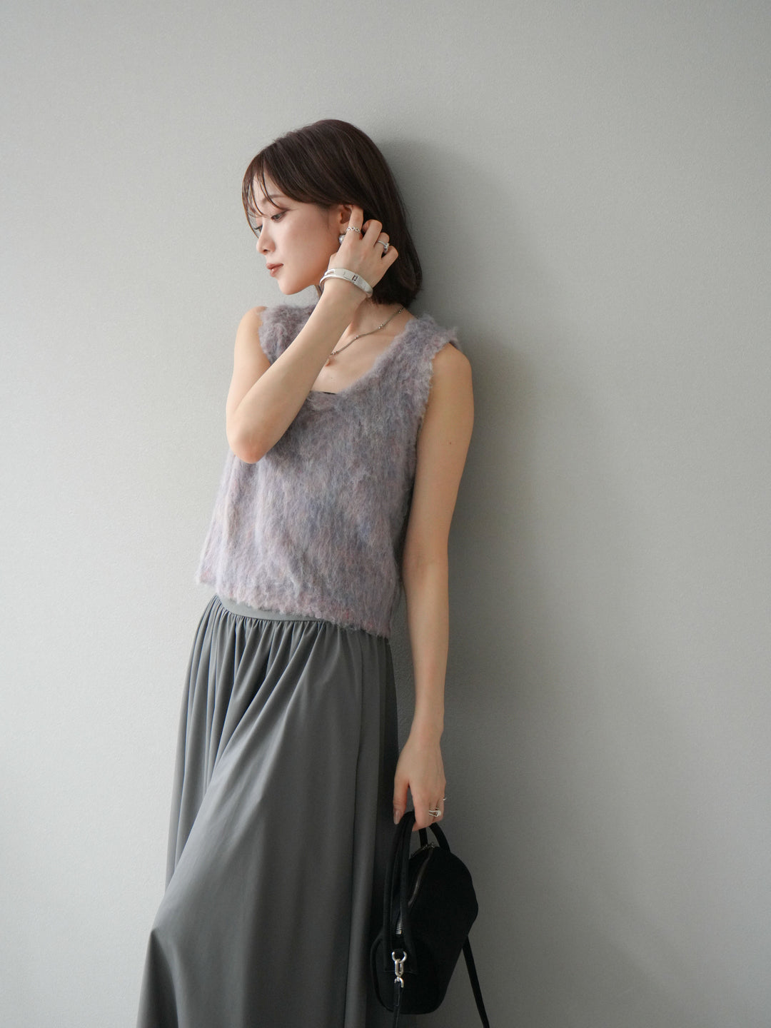 [予約]ミックスシャギーUネックベスト/グリーン