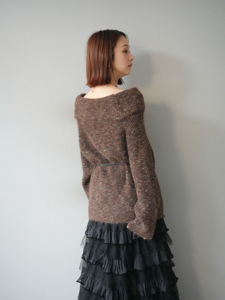 [予約]ミックスヤーンオフショルルーズニットプルオーバー/ブラウン