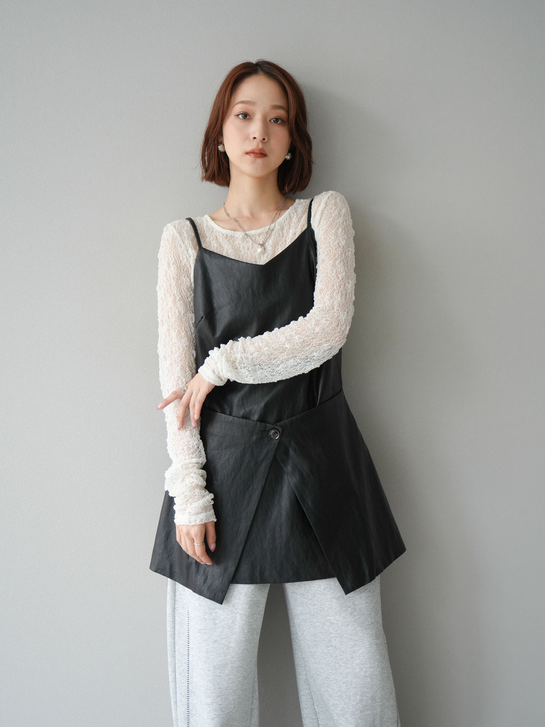 [予約]レイヤードレザーキャミソールチュニック/ブラック
