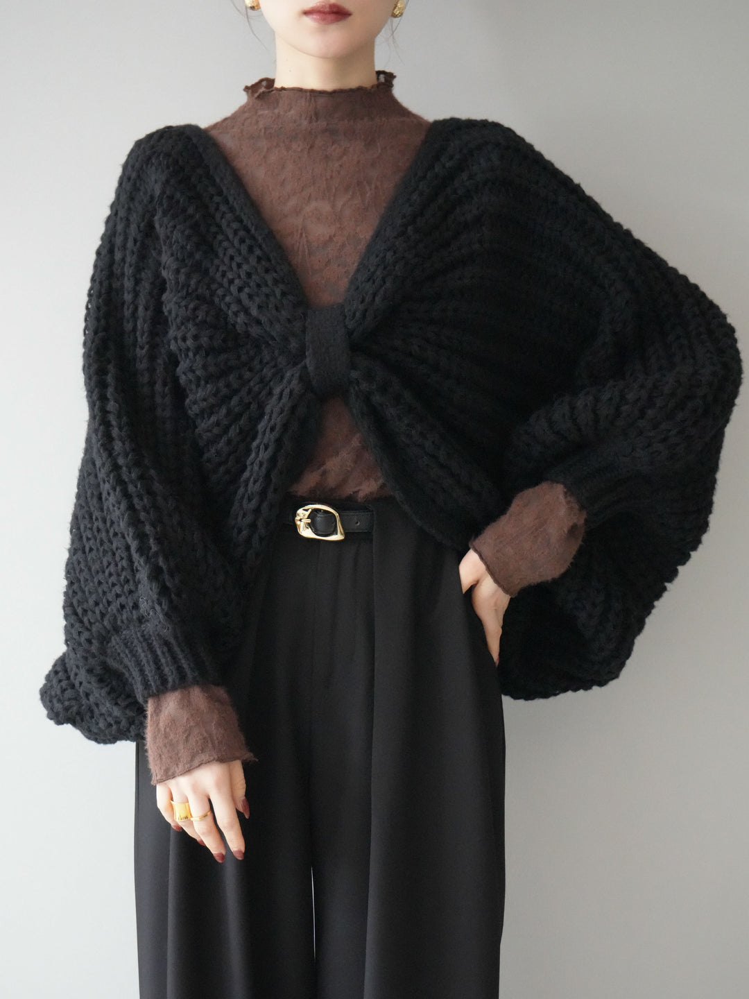 [予約]ローゲージ畦編みドルマンニットボレロ/black