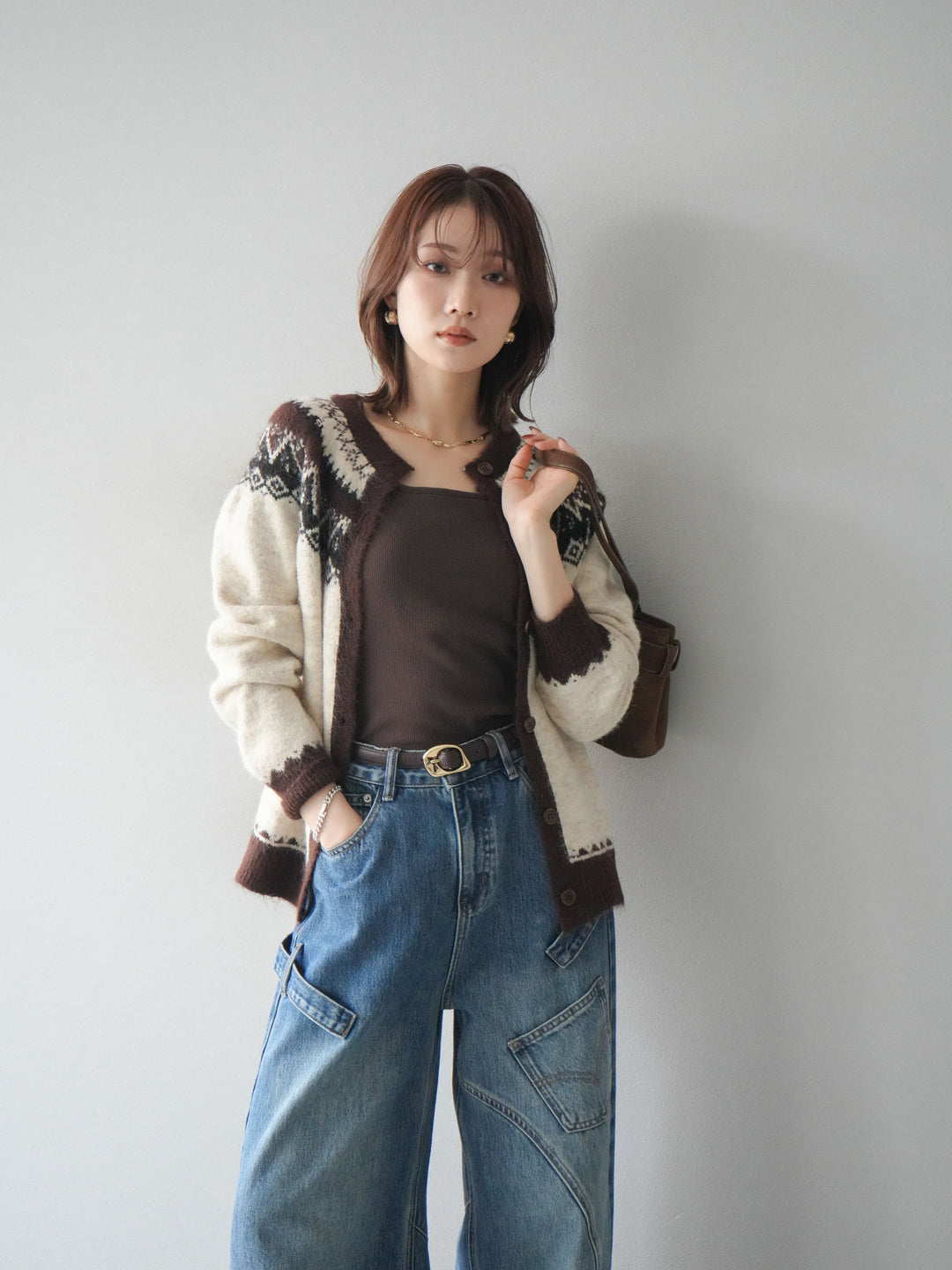 [SET]ノルディック柄ニットカーディガン+ペインターカーブデニムパンツ(2set)