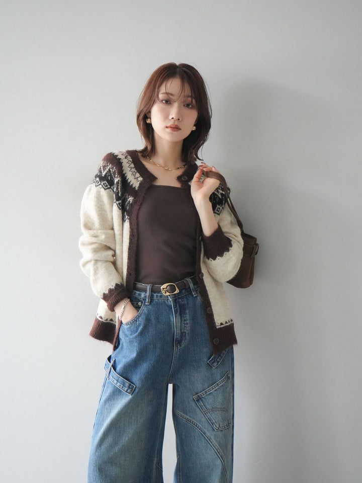 [SET]ノルディック柄ニットカーディガン+ペインターカーブデニムパンツ(2set)