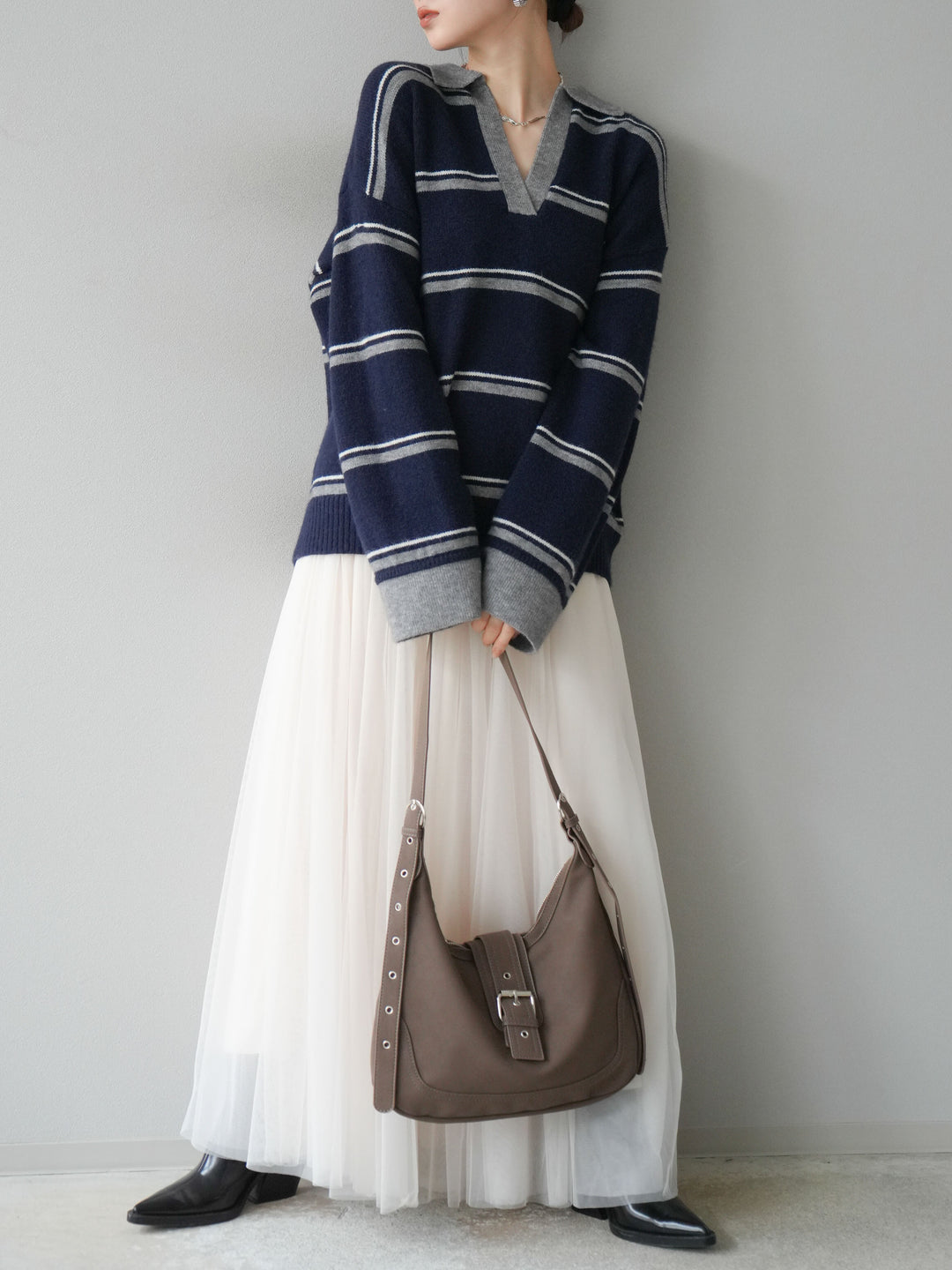 [SET]ポロ襟スキッパーボーダーニットプルオーバー+チュールボリュームスカート(2set)