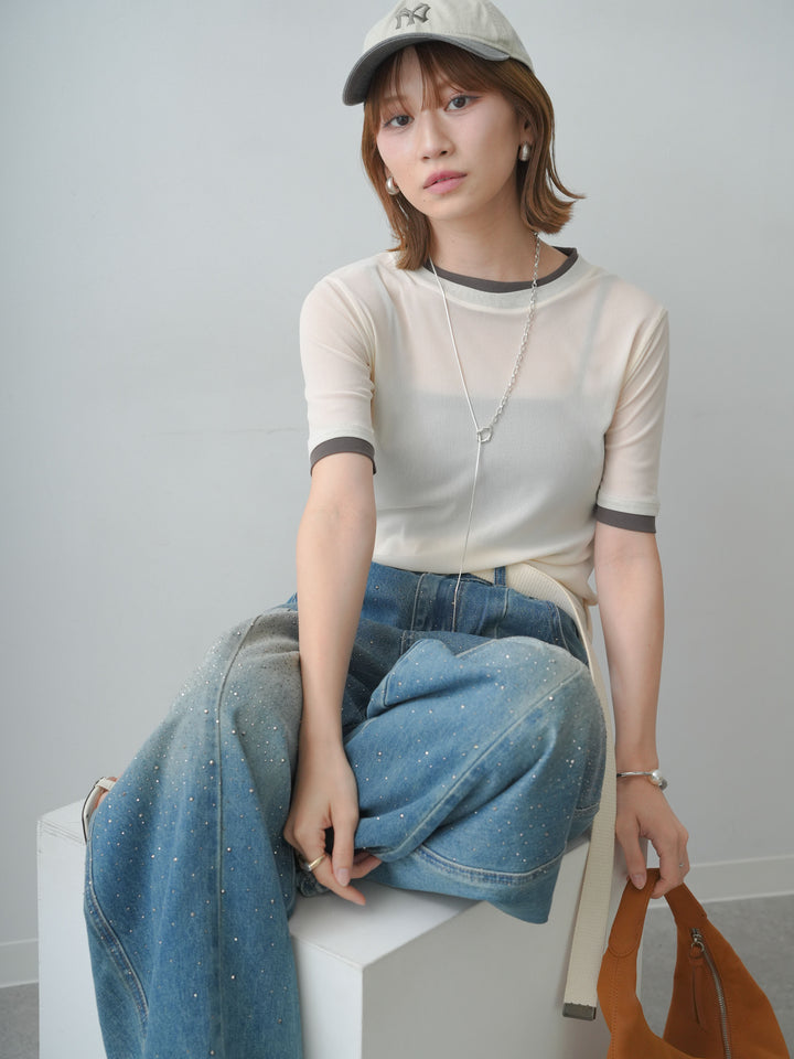 [SET]トリムレイヤードシアー半袖トップス+フロントビジューカーブデニムパンツ(2set)