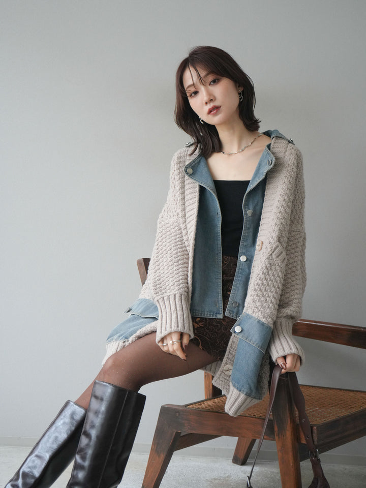 [予約]デニム襟レイヤードニットジャケット/greige