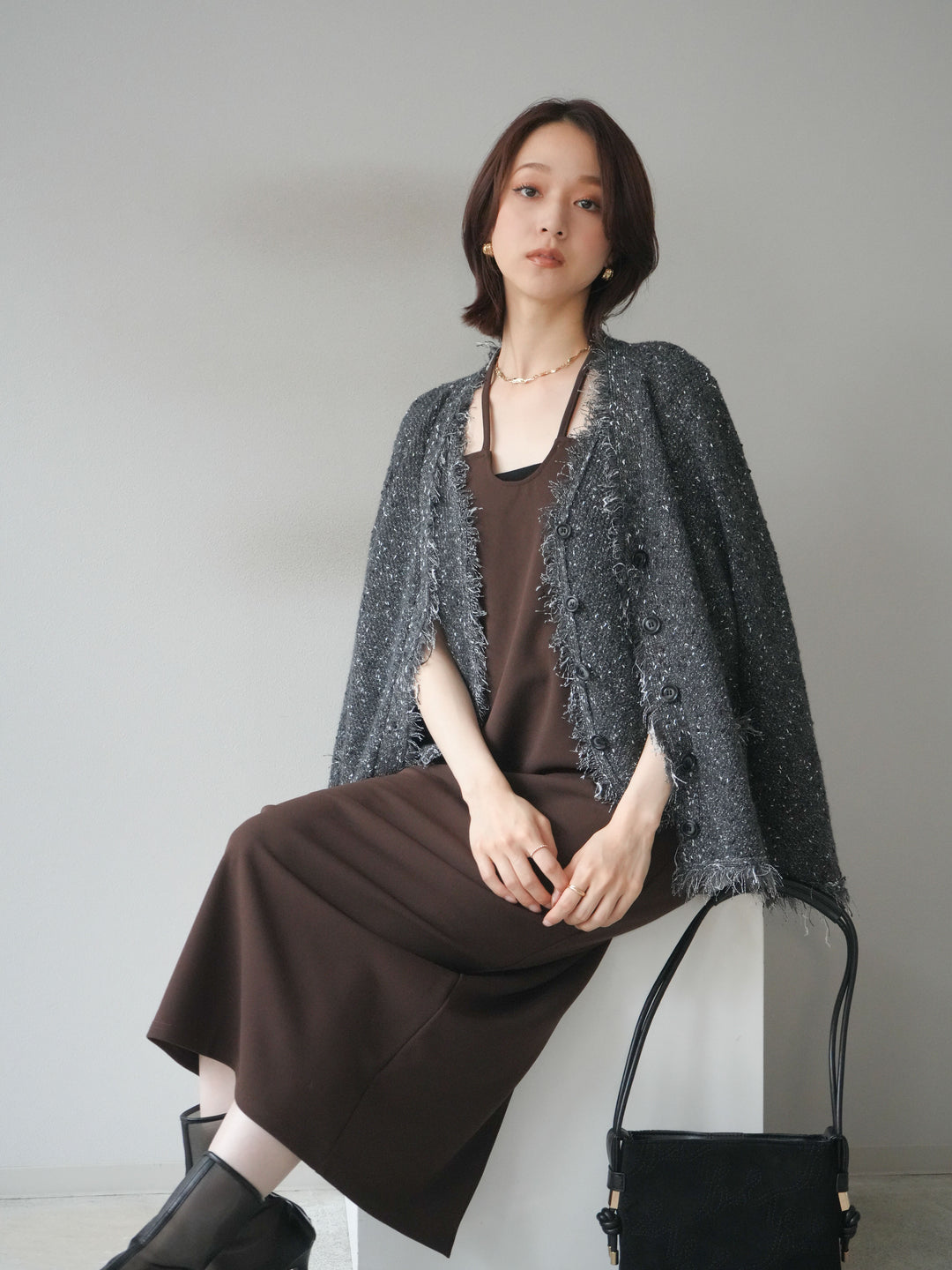 [予約]ネップフリンジニットカーディガン/ gray