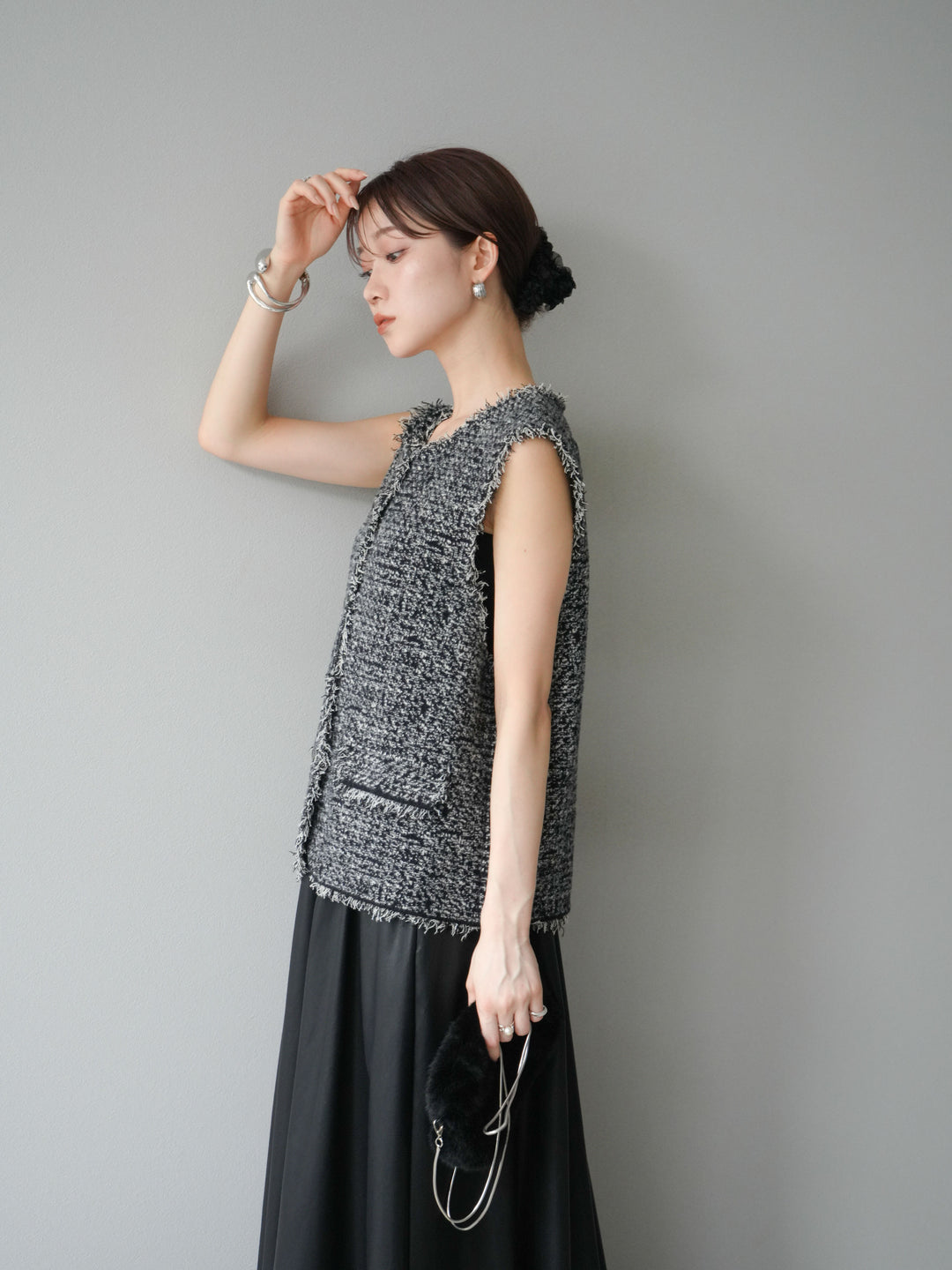 [予約]ミックスツイードフリンジニットベスト/ブラック