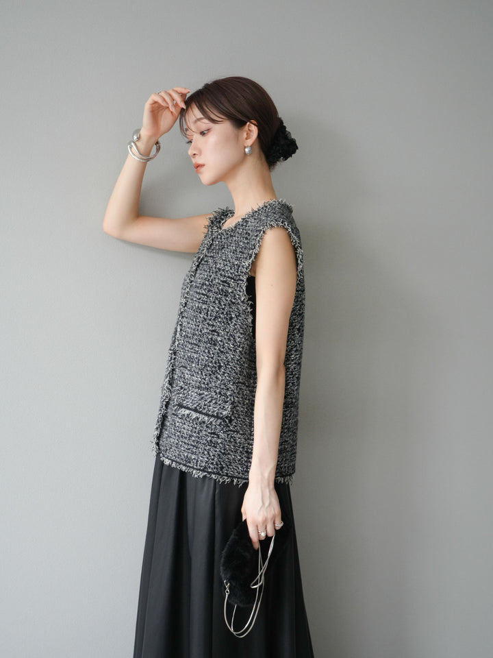 [予約]ミックスツイードフリンジニットベスト/ブラック