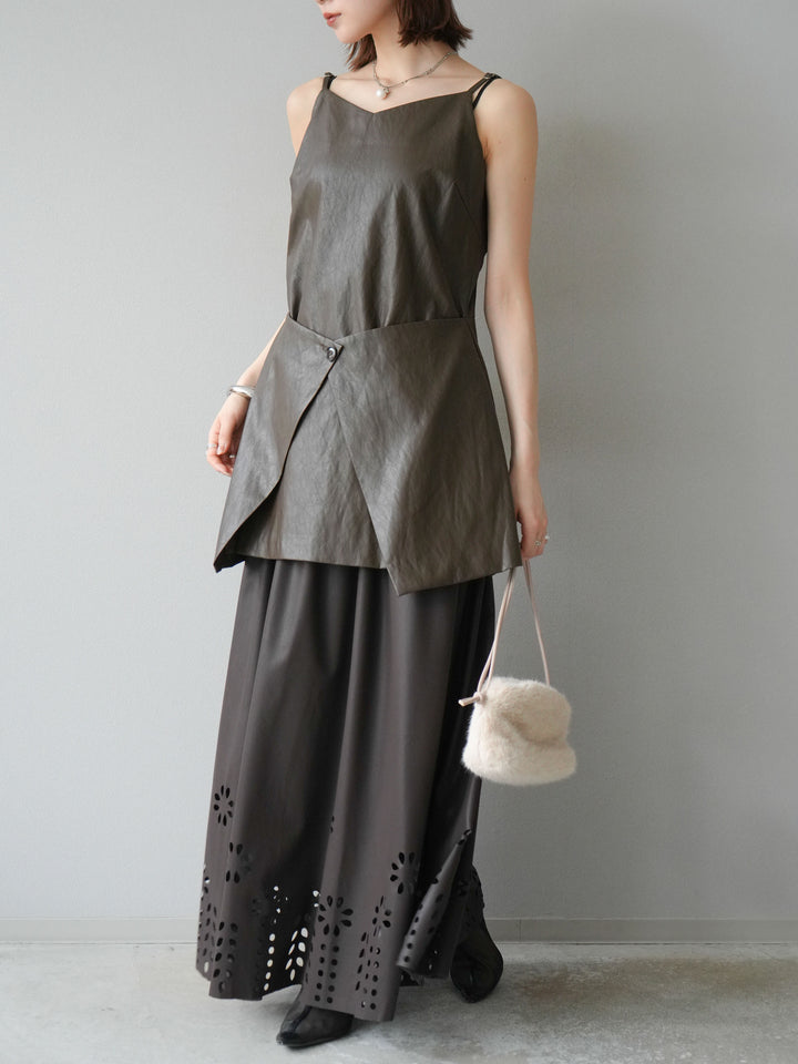 [予約]フラワーパンチングレザースカート/ブラウン