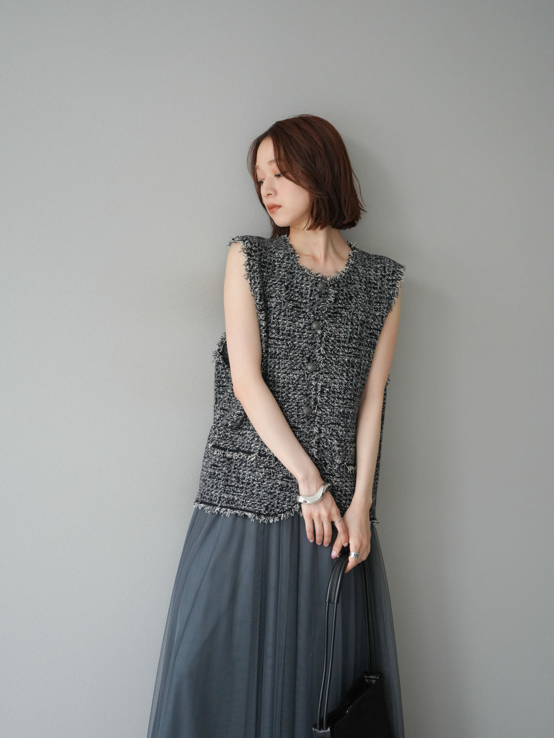 [予約]ミックスツイードフリンジニットベスト/ブラック