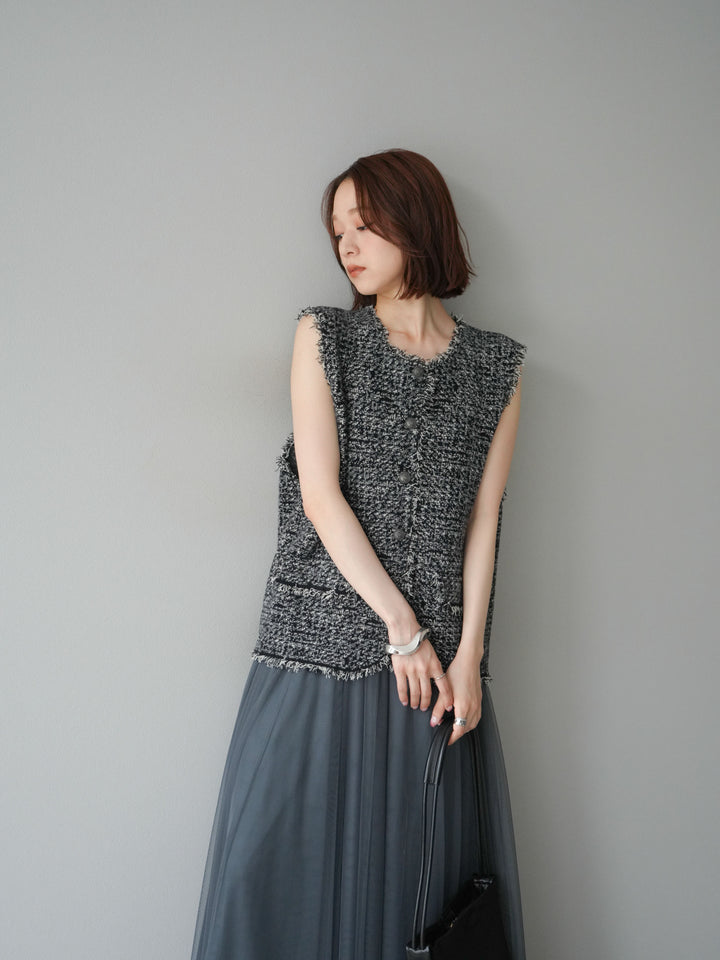 [予約]ミックスツイードフリンジニットベスト/ブラック