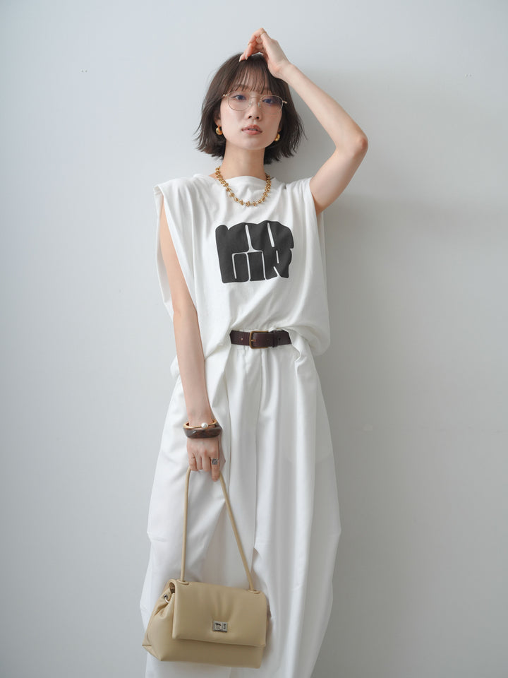 [SET]ワイドネックプリントTEE+ショルダータックノースリーブオーバーTEE(2set)
