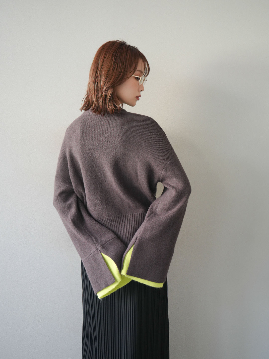 [予約]袖レイヤード配色ニットプルオーバー/brown