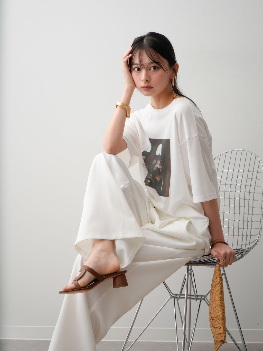 [SET]フォトプリントロゴTEE+アシンメトリーベルトタックワイドパンツ(2set)