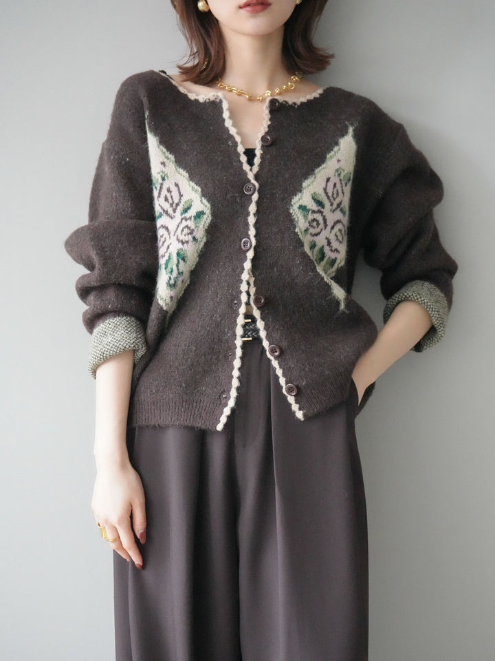 [予約]アンティークフラワージャガードニットカーディガン/brown