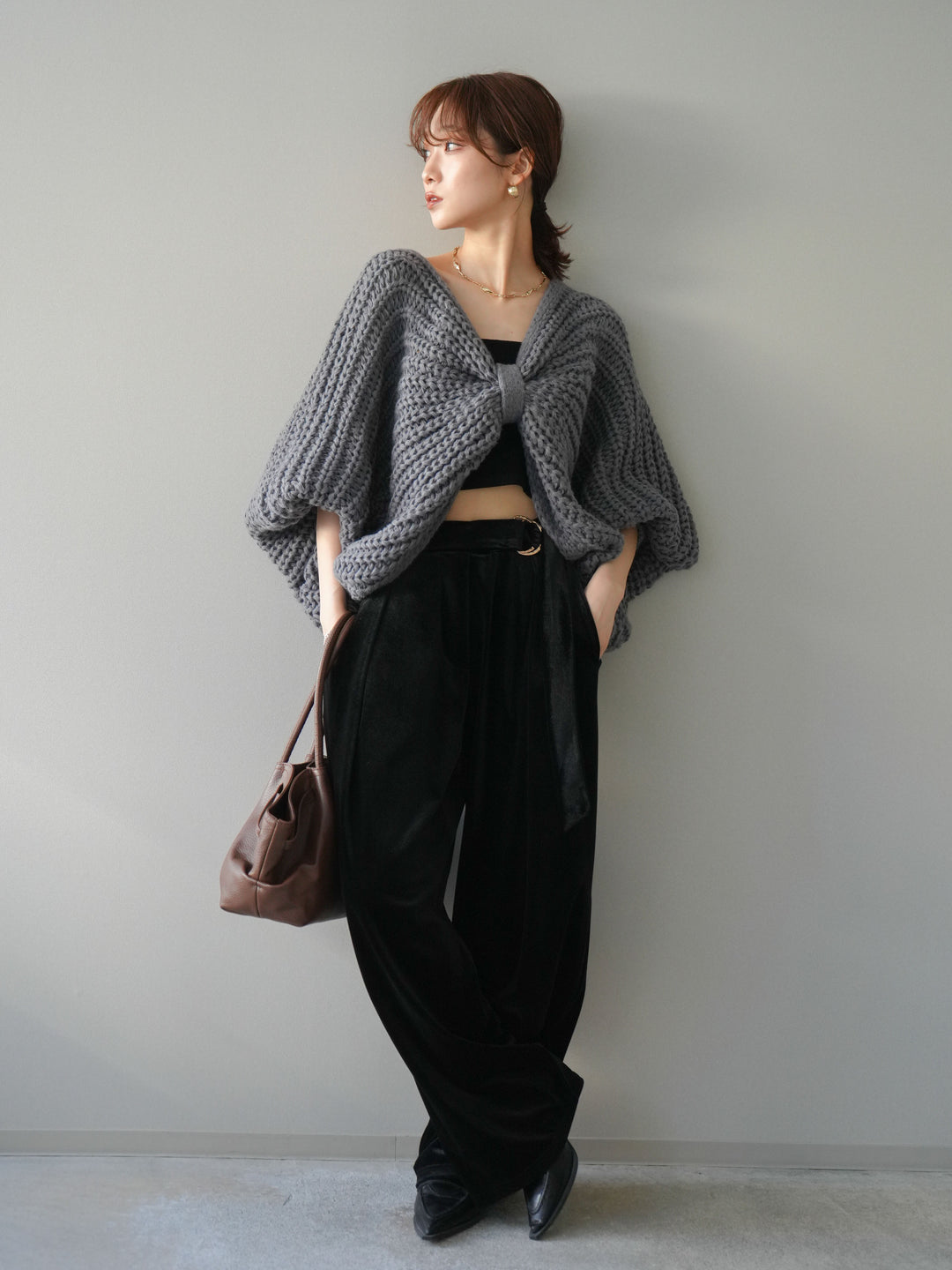 [SET]ローゲージ畦編みドルマンニットボレロ+ベロアベルトスリムパンツ(2set)