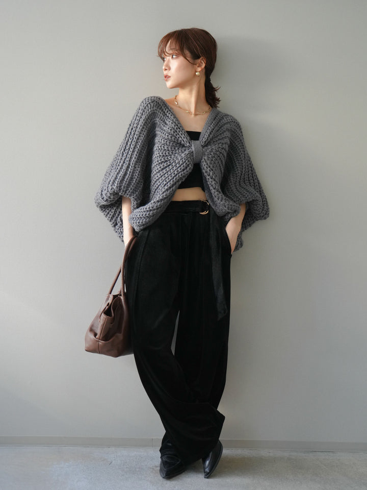 [SET]ローゲージ畦編みドルマンニットボレロ+ベロアベルトスリムパンツ(2set)