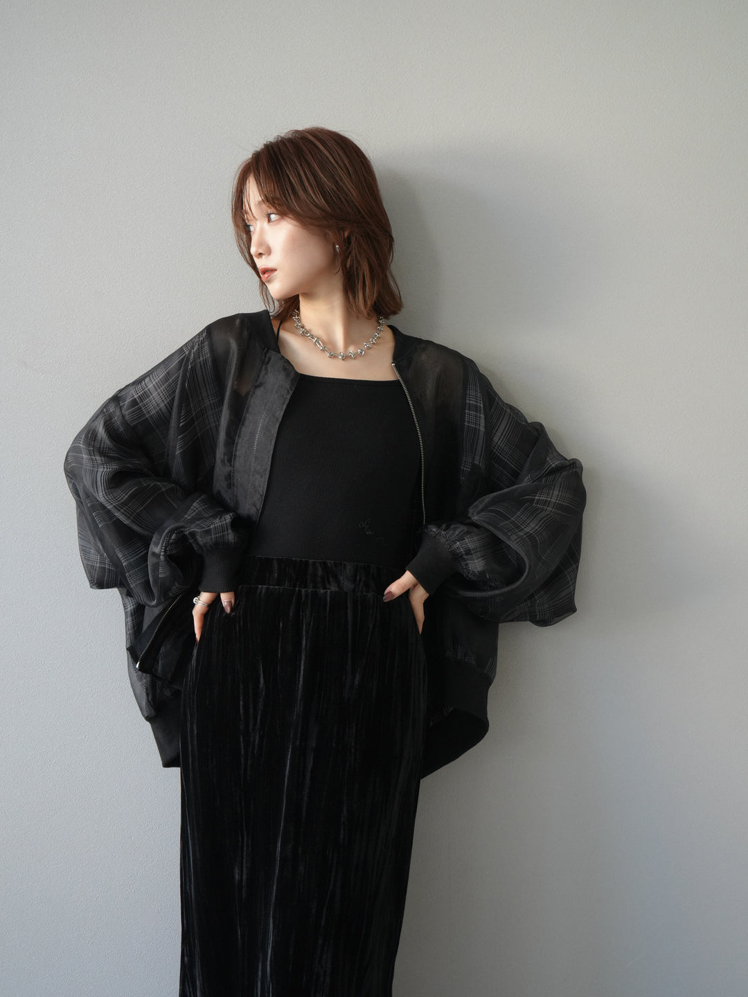 [預購] 格紋薄紗對接外套/黑色