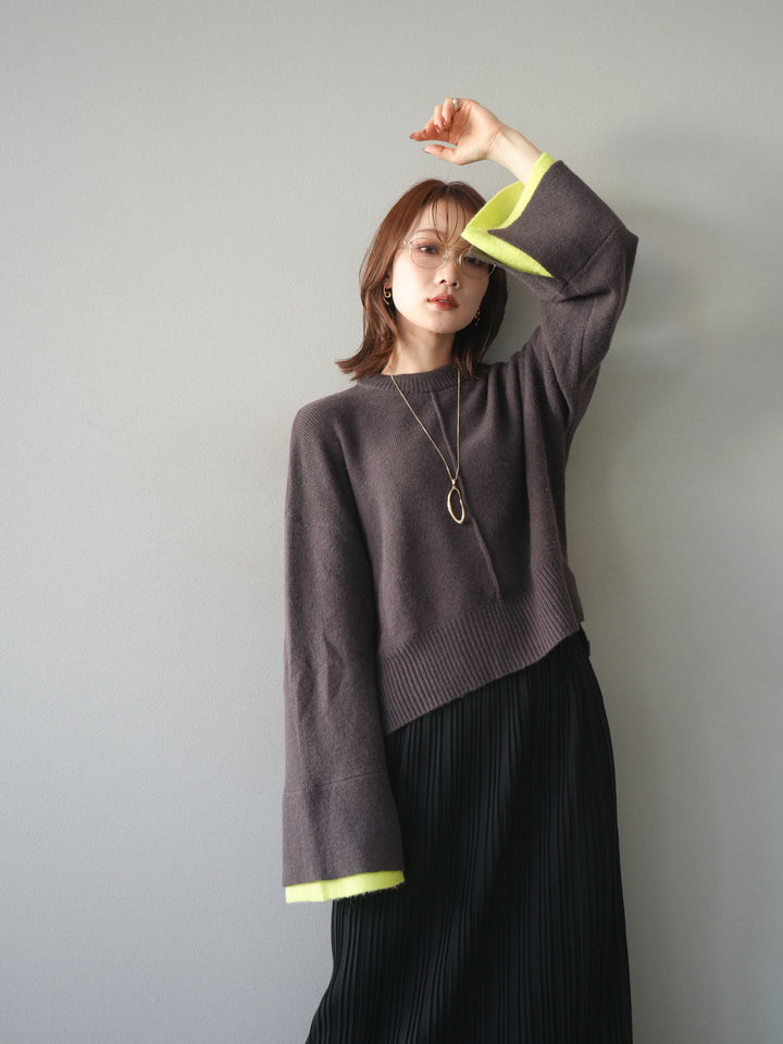 [SET]袖レイヤード配色ニットプルオーバー+プリーツIラインスカート(2set)