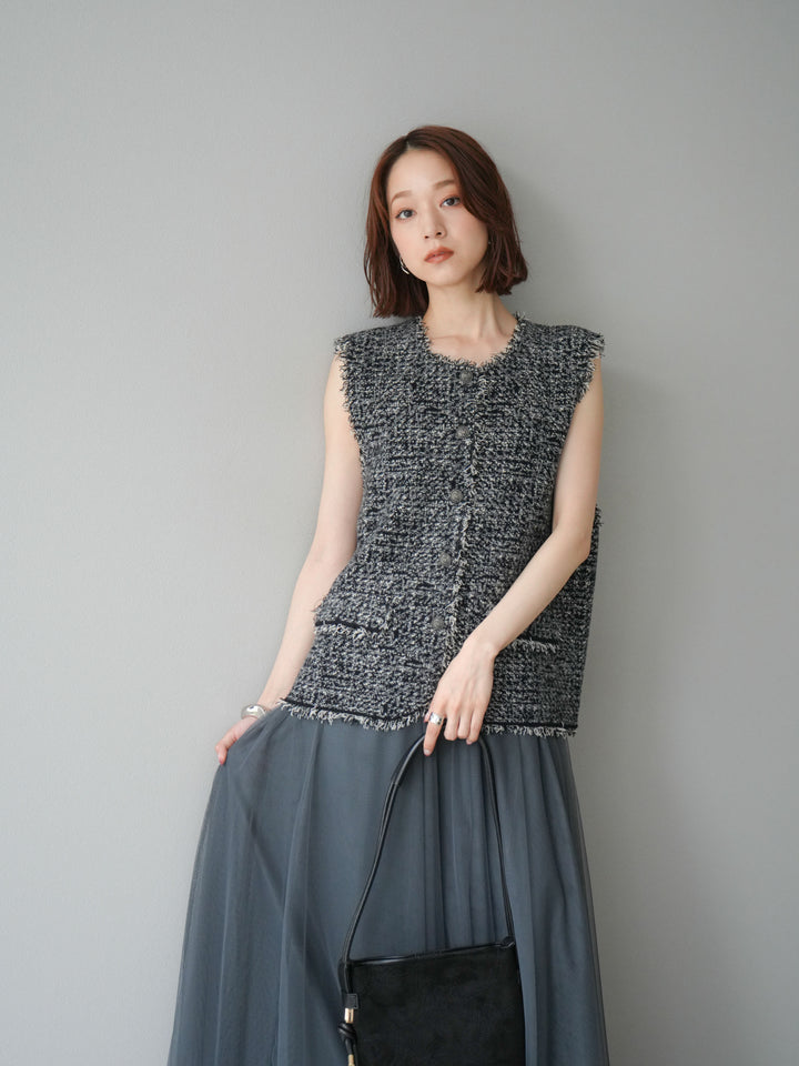 [予約]ミックスツイードフリンジニットベスト/ブラック