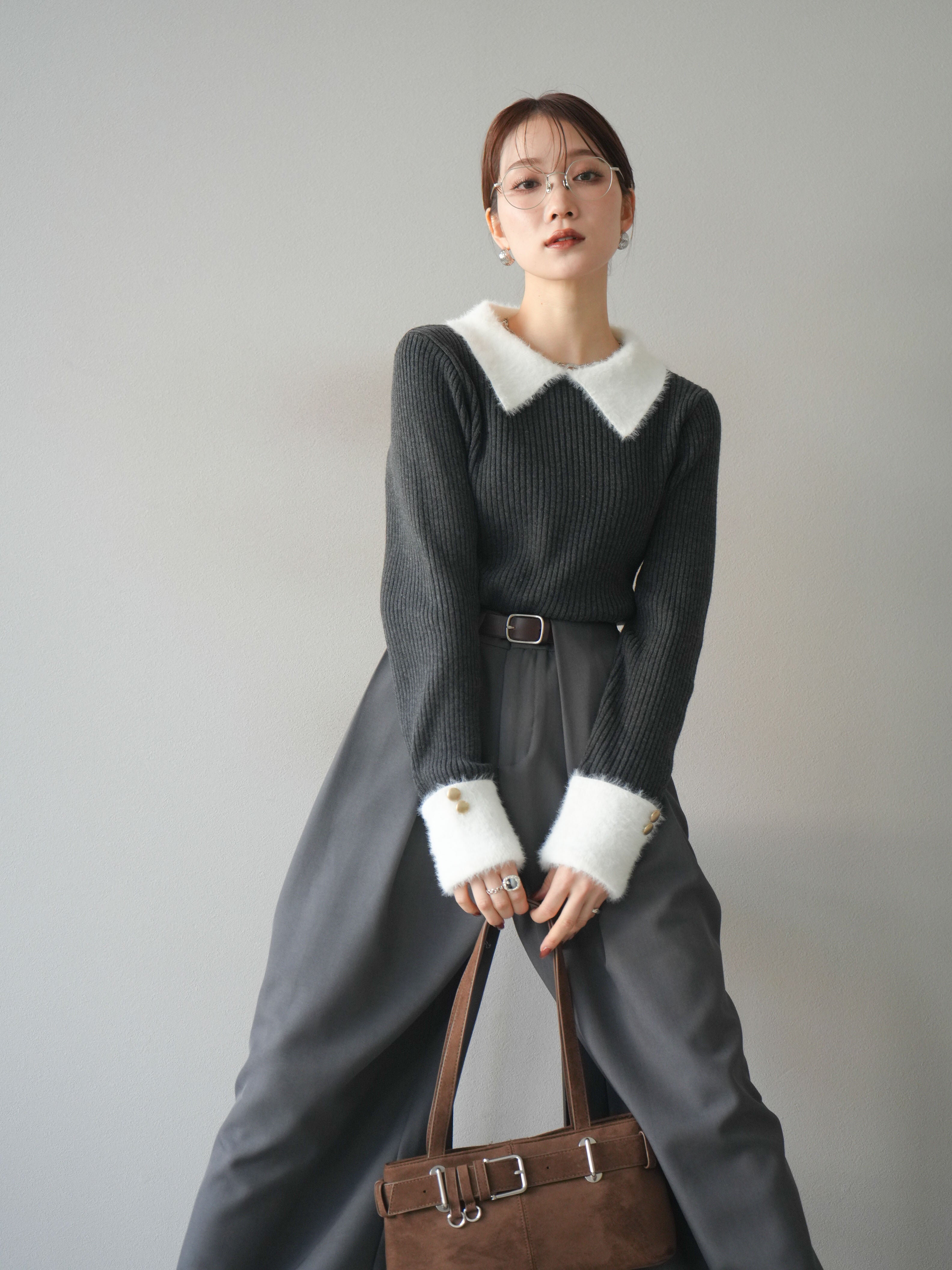 SET]シャギー襟リブニットトップス+ベルトループデザインワイドパンツ