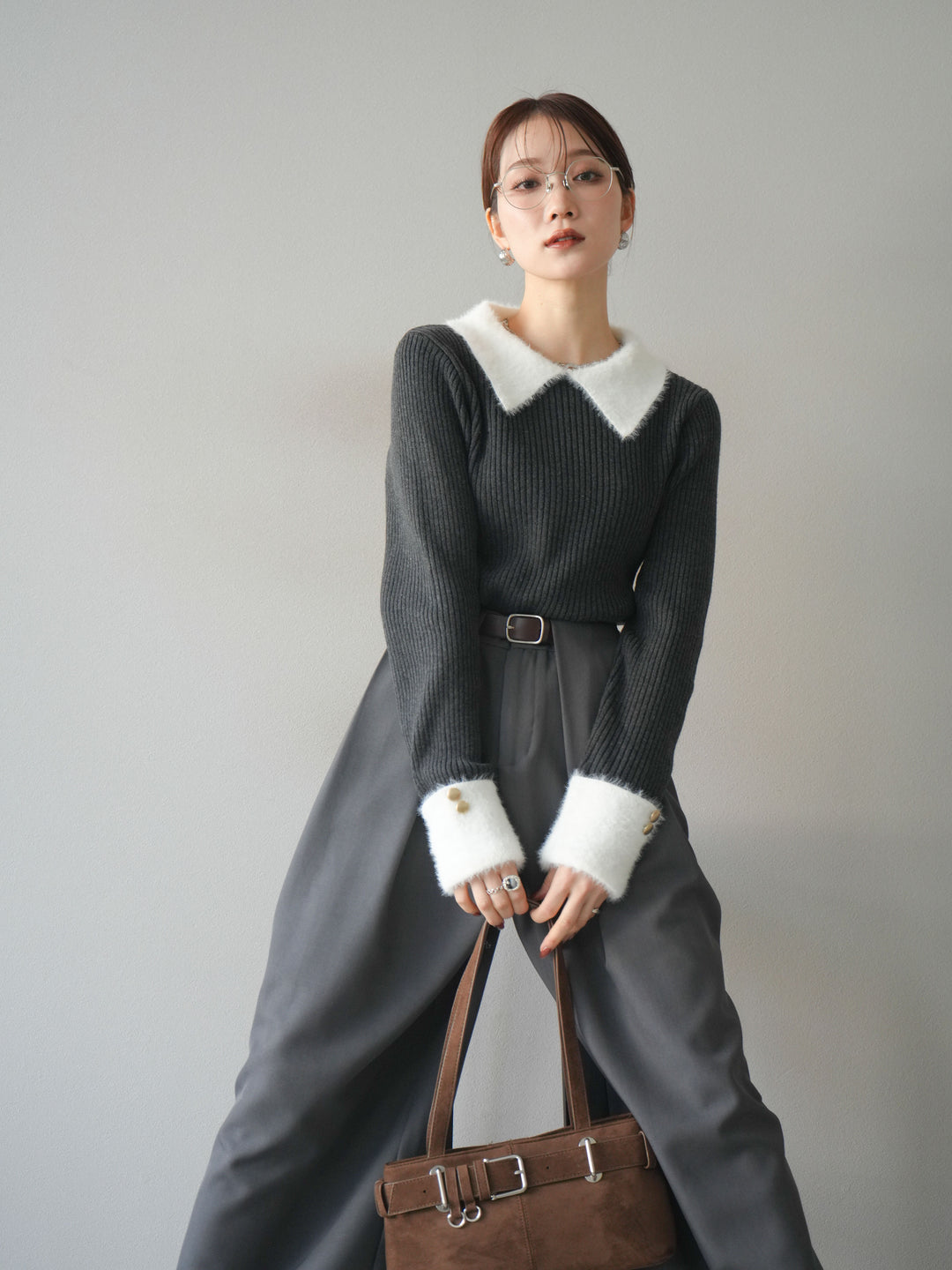 [SET]シャギー襟リブニットトップス+ベルトループデザインワイドパンツ(2set)