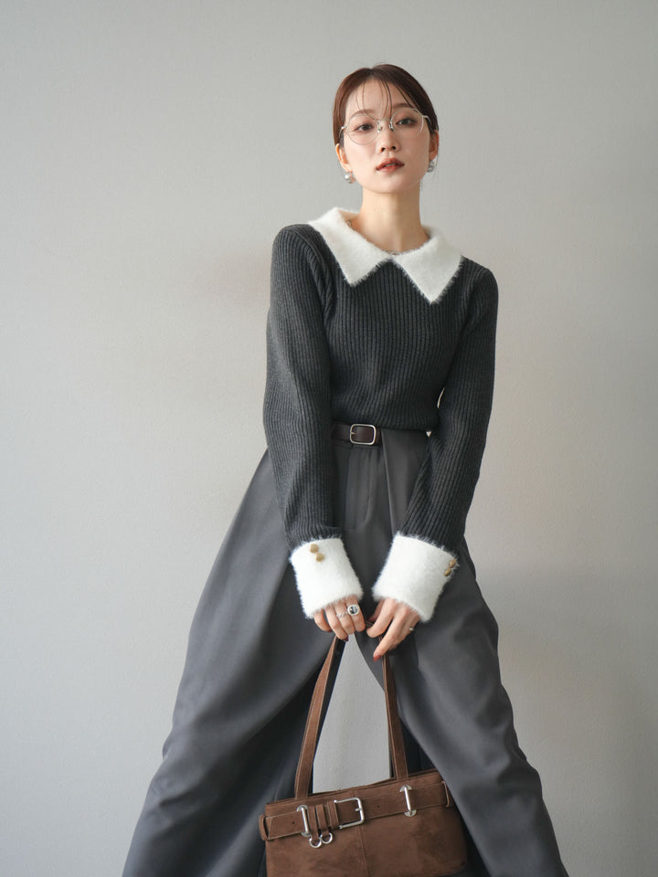 [SET]シャギー襟リブニットトップス+ベルトループデザインワイドパンツ(2set)