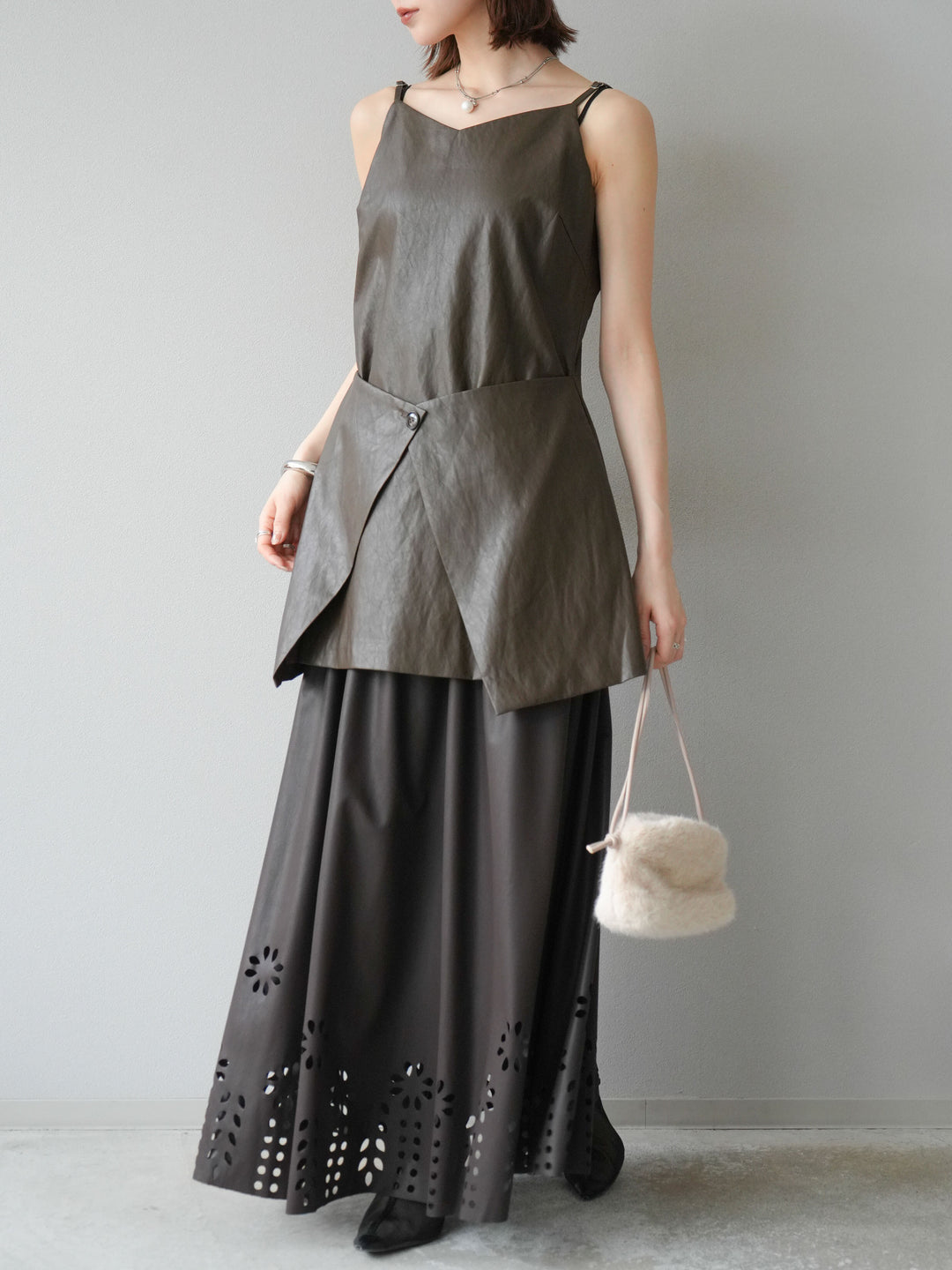 [予約]レイヤードレザーキャミソールチュニック/ブラウン