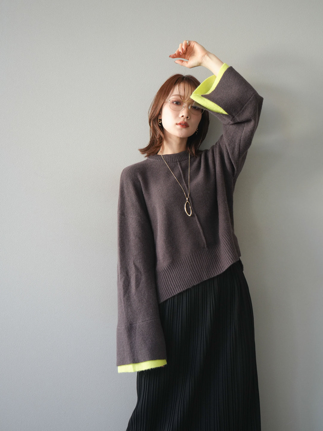 [予約]袖レイヤード配色ニットプルオーバー/brown