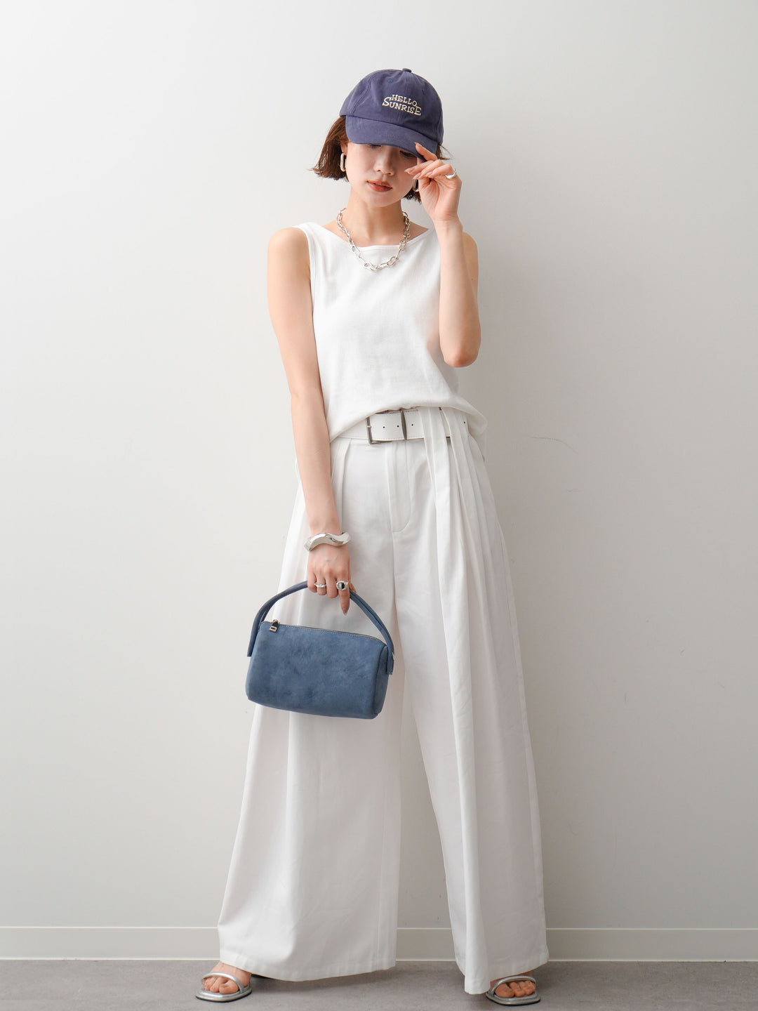 [SET]ツイストタンクトップ+ベルト付デザインループワイドパンツ(2set)