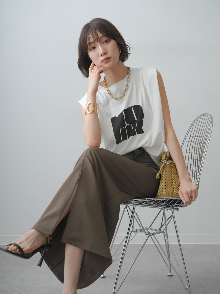 [SET]ショルダータックノースリーブオーバーTEE+ショルダータックノースリーブオーバーTEE+クレープデシンフラップ付きストレートスカート(3set)