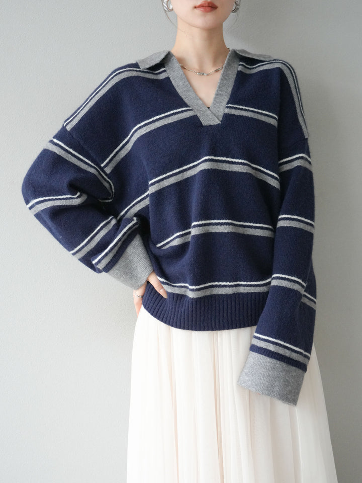 [SET]ポロ襟スキッパーボーダーニットプルオーバー+チュールボリュームスカート(2set)