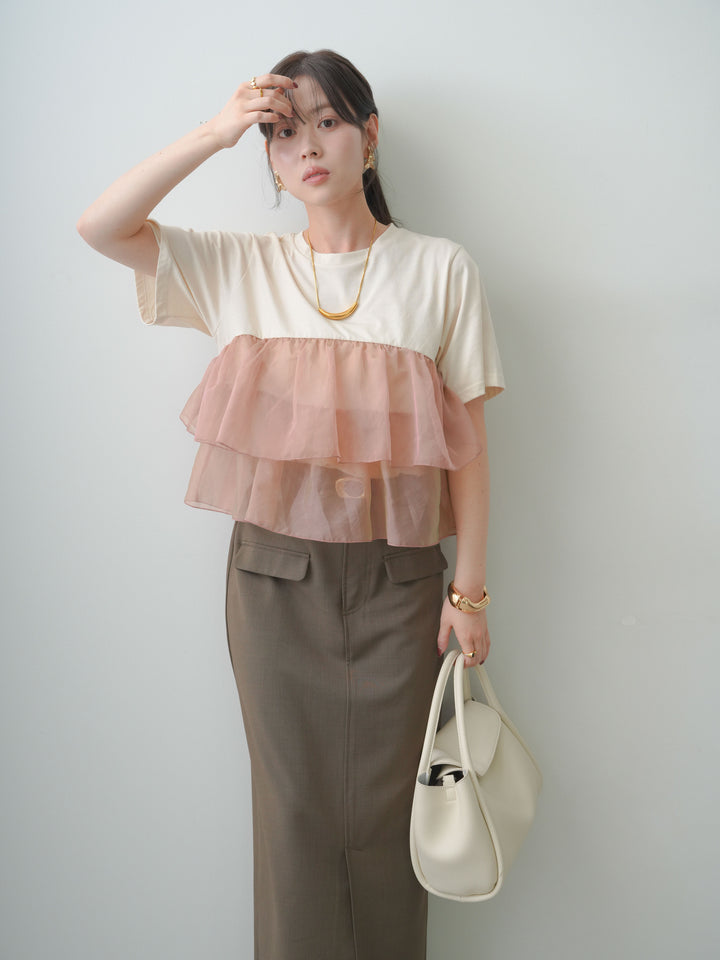 [SET]オーガンジーフリルドッキングTEE+クレープデシンフラップ付きストレートスカート(2set)