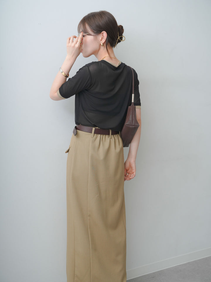 [SET]トリムレイヤードシアー半袖トップス+クレープデシンフラップ付きストレートスカート(2set)