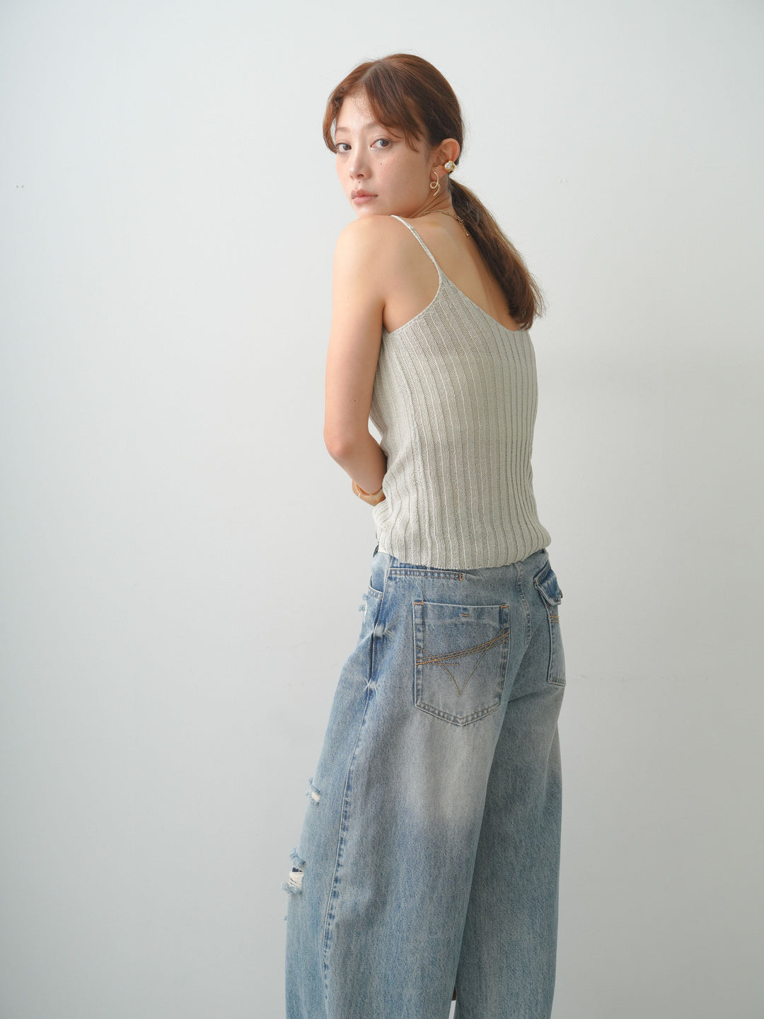 [SET]ワイドリブニットキャミソール+ダメージデニムセミワイドパンツ(2set)