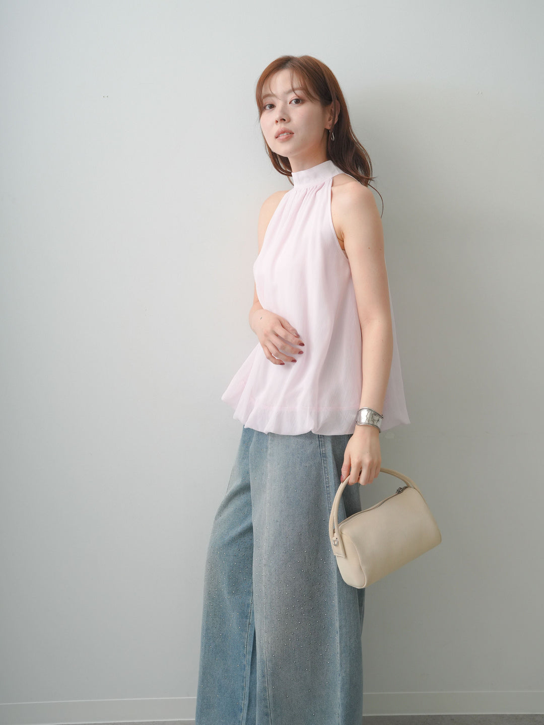[SET]シフォンアメスリバルーンブラウス+フロントビジューカーブデニムパンツ(2set)
