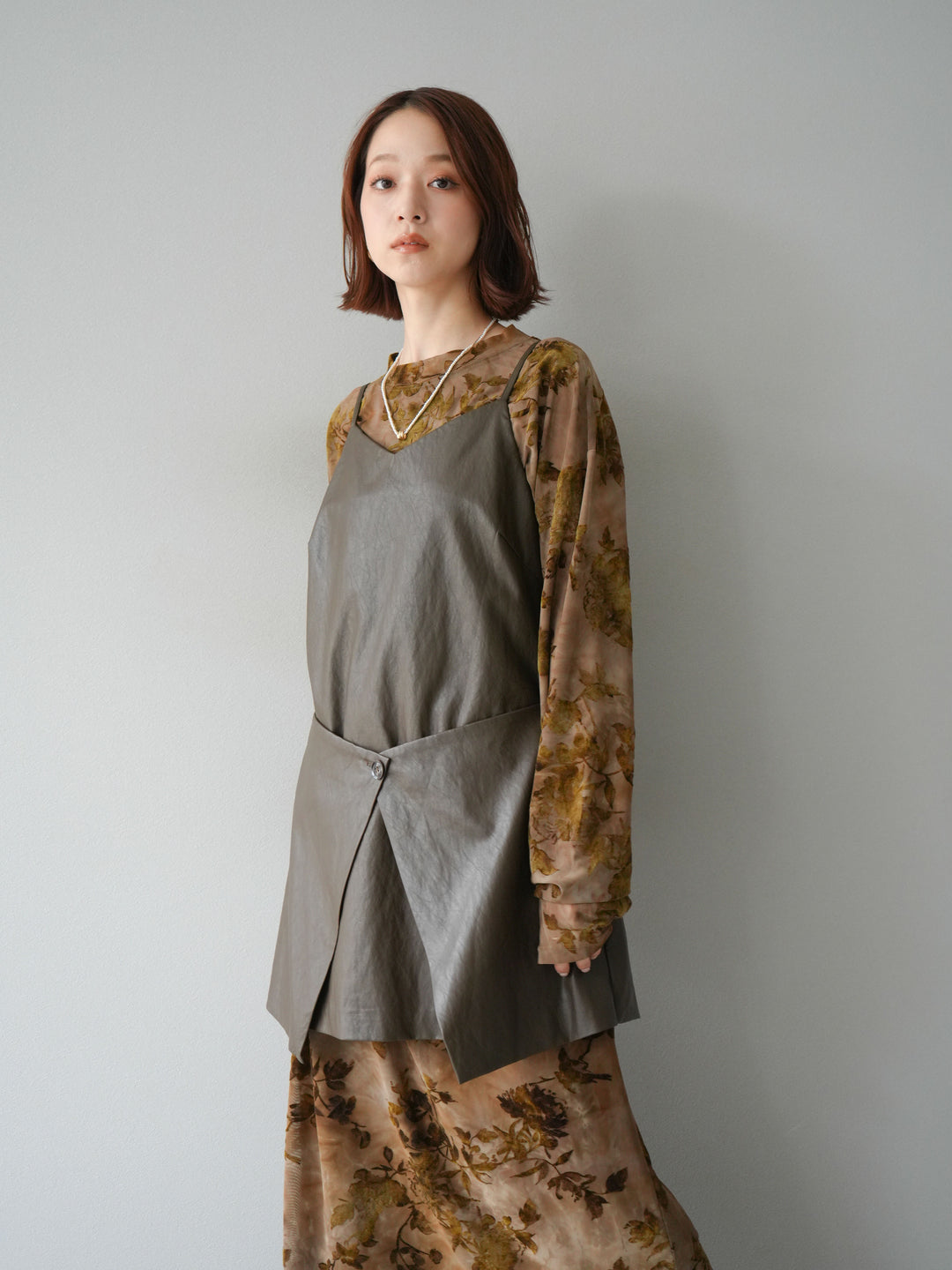 [予約]レイヤードレザーキャミソールチュニック/ブラウン